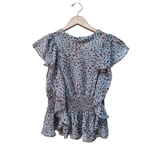 Feather Bone Women's Size Small Brown Blue Short Sleeve Allegra Ruffle Top
